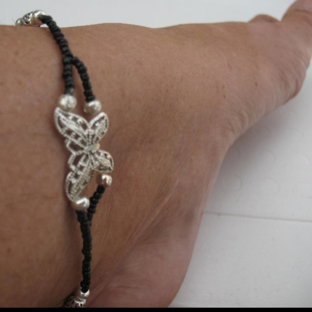 Butterfly, silver beads and black beads anklet.